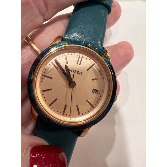 Fossil Adalyn Three Hand Date Ladies Watch Teal Leather Band Rose Gold Dial - Picture 7 of 7